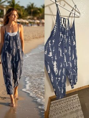 Shiestar Tie Dye Jumpsuit Small Blue White Wide Leg Boho Beach Romper Flowy